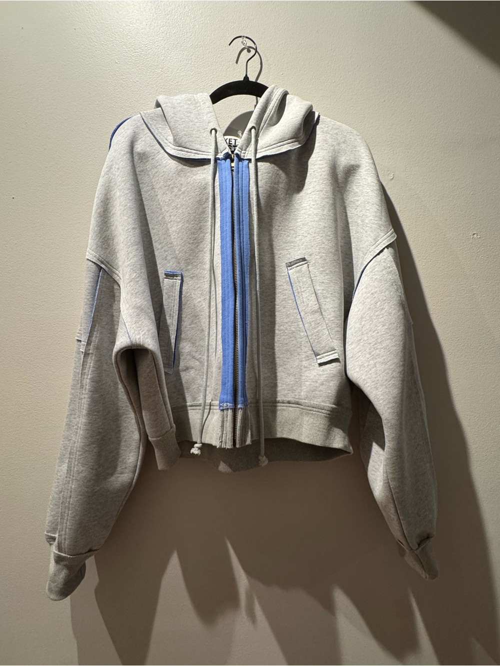 BUCKETLIST Grey Cropped Full-Zip Hoodie with Blue Trim Accent